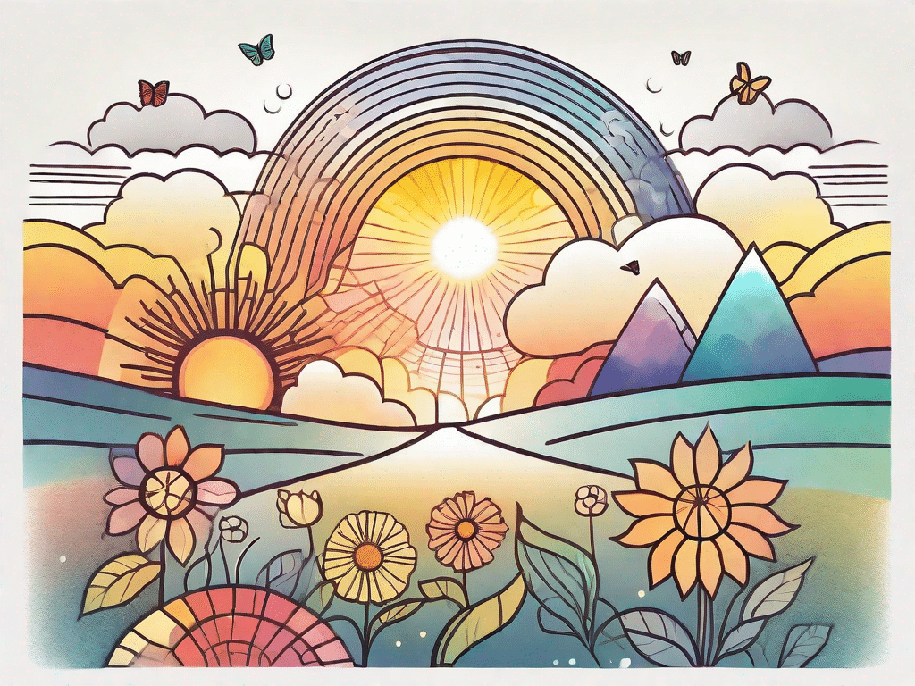 A sun rising over a serene landscape with various symbolic elements like a blooming flower