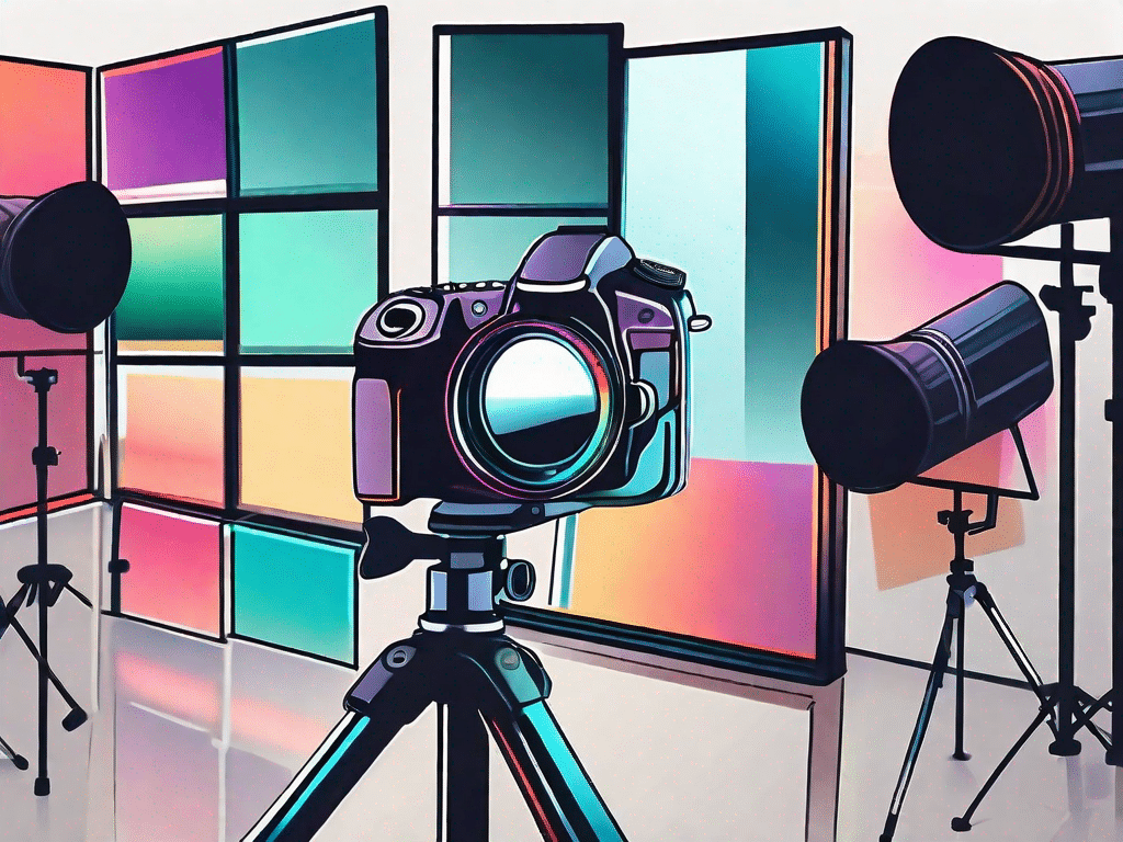 A camera on a tripod focused towards a mirror reflecting an array of dramatic and colorful lighting equipment