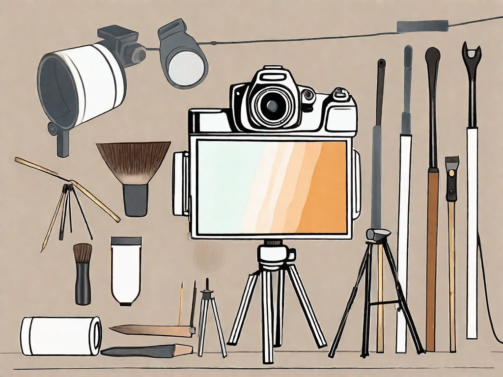 A camera on a tripod with various diy tools around it