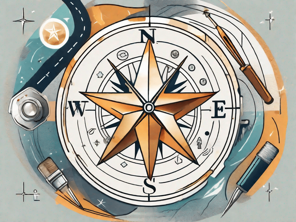 A compass pointing towards a bright