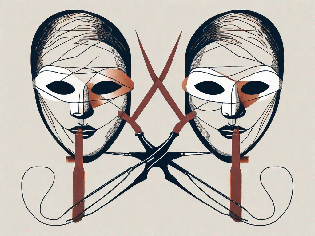 A pair of scissors cutting a thread that connects two masks