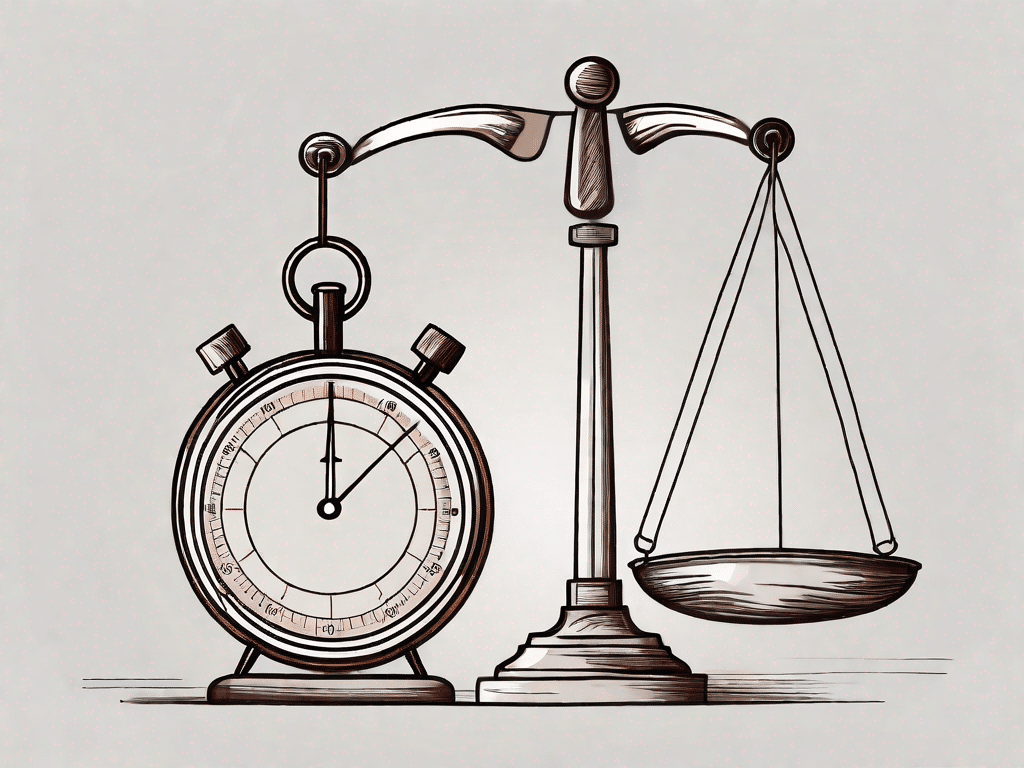 A balanced scale with a clipboard on one side and a stopwatch on the other
