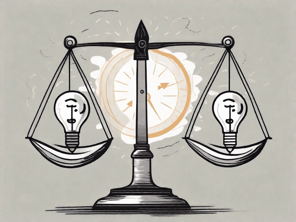 A balance scale with symbols of fear (like a storm cloud or a spider) on one side and symbols of positive decision-making (like a light bulb or a compass) on the other side