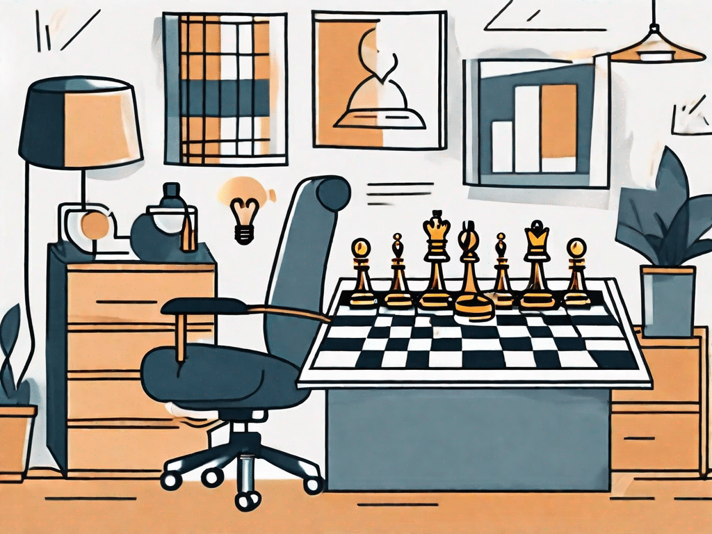 A lively office setting filled with symbolic objects like a chess board