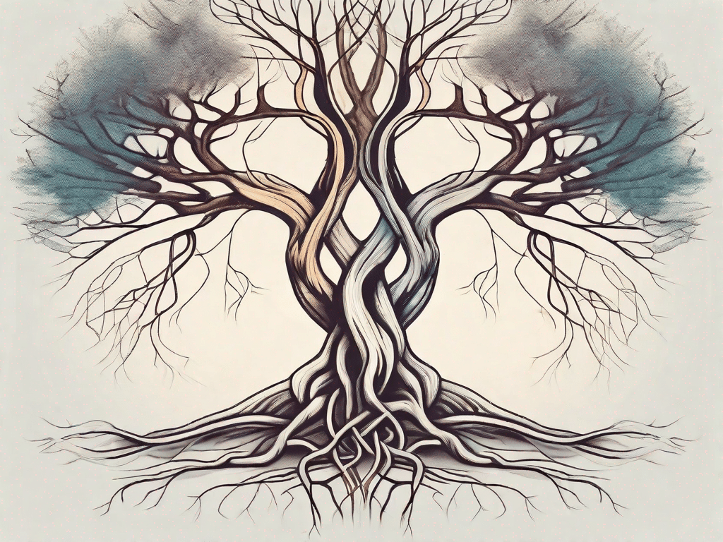Two intertwined trees with their roots deeply connected