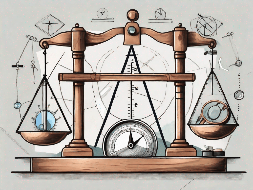 A balanced scale with different symbols of options and choices on each side