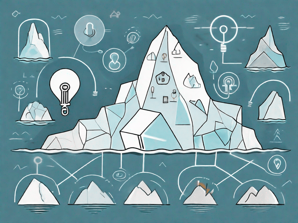 An iceberg with various symbolic icons (like a speech bubble