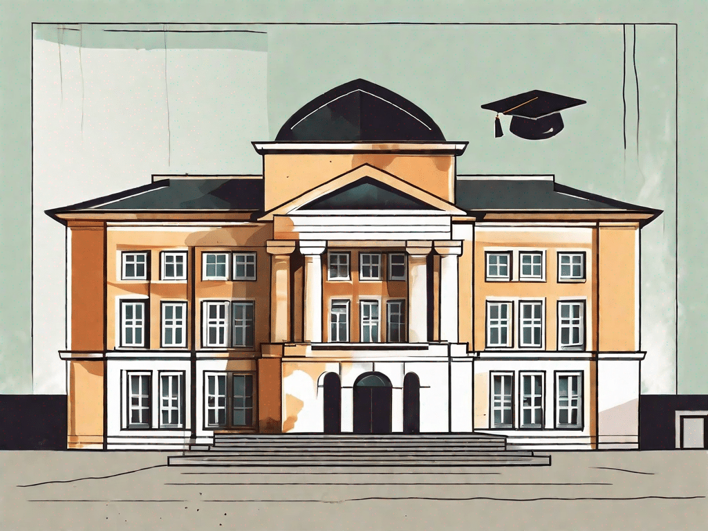 A german school building with a graduation cap floating above it