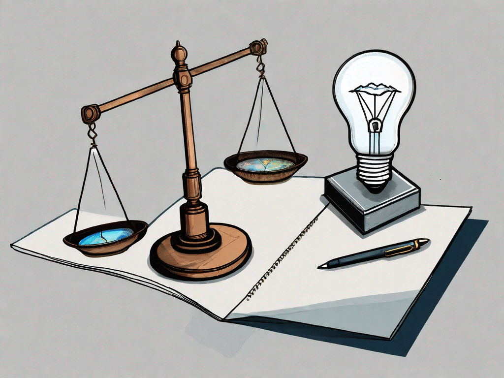 A pair of scales balancing a light bulb (symbolizing ideas) and a magnifying glass (symbolizing scrutiny)