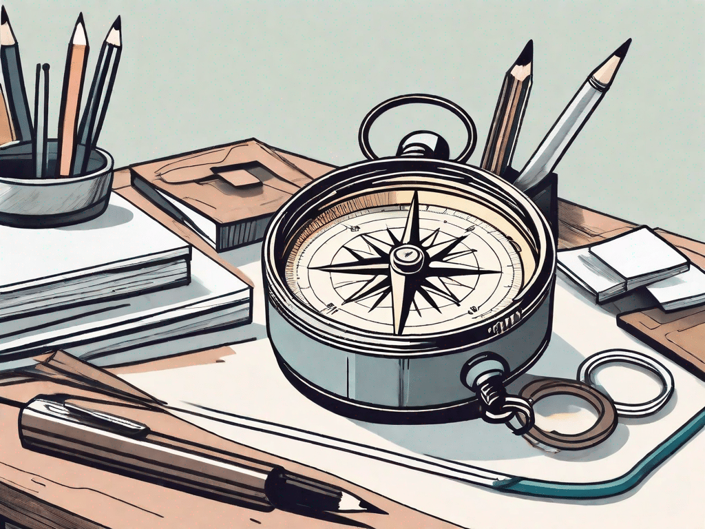 A compass resting on a desk filled with office supplies