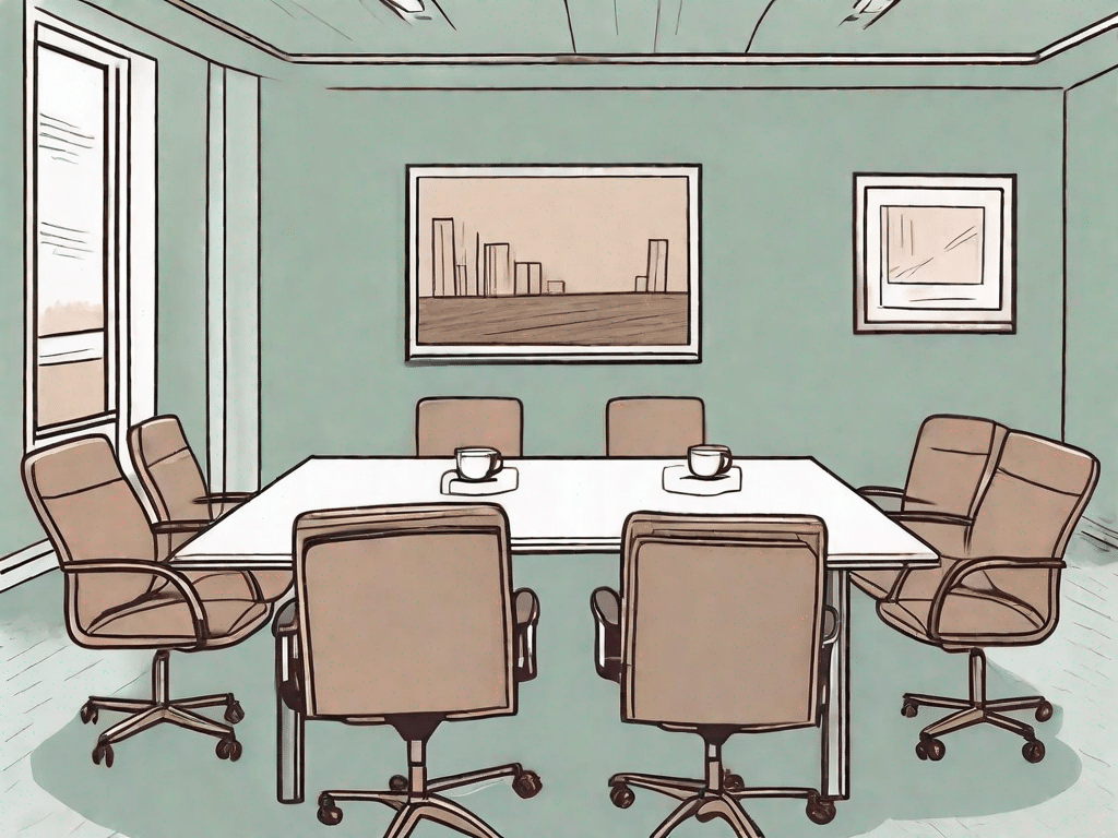 A conference room setup with an empty chair