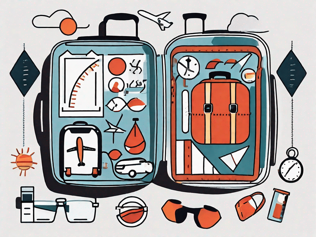 A suitcase filled with various symbols of vacation (like a beach ball