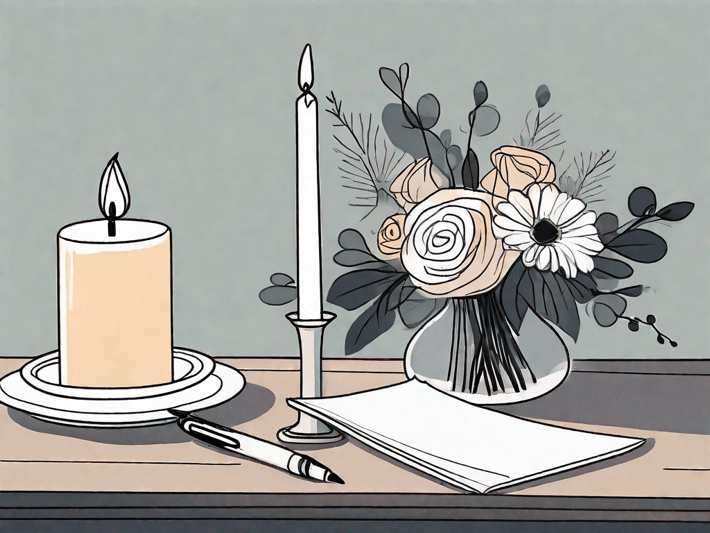 A condolence card on a table with a pen next to it