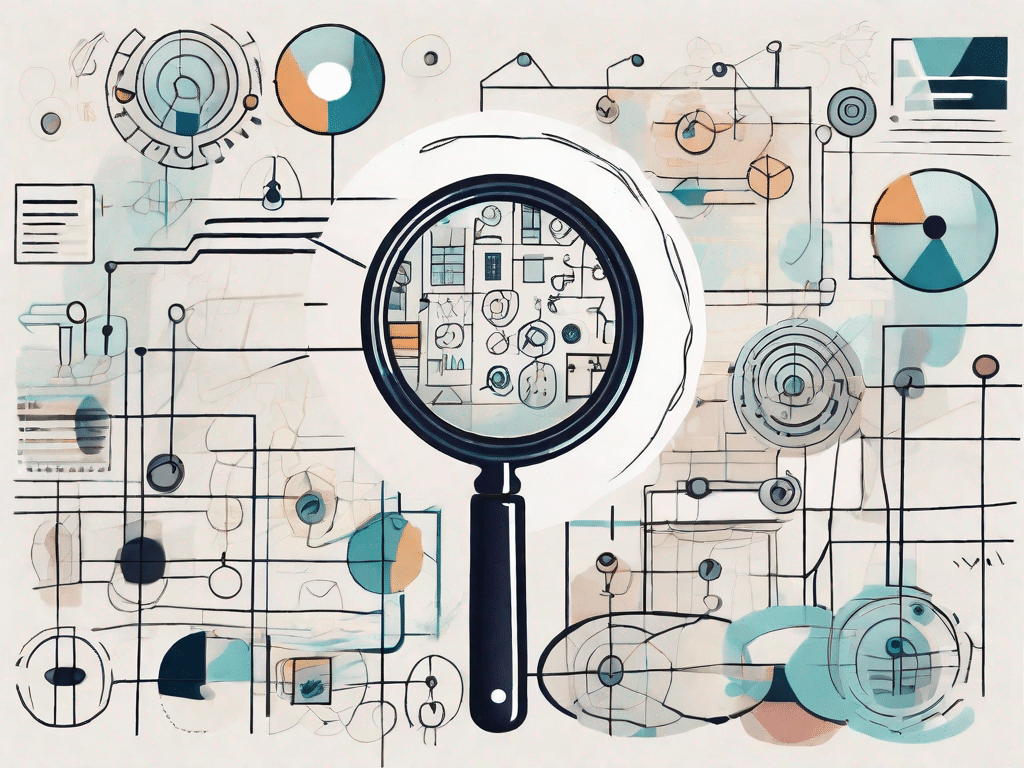 A magnifying glass hovering over a variety of abstract symbols and codes