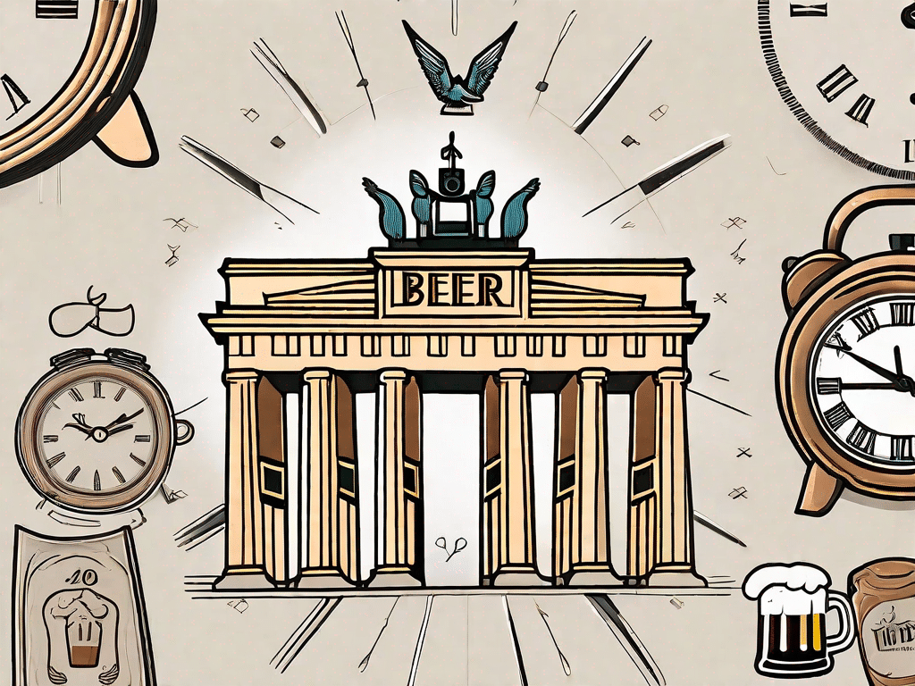A clock surrounded by various symbols of german culture like the brandenburg gate