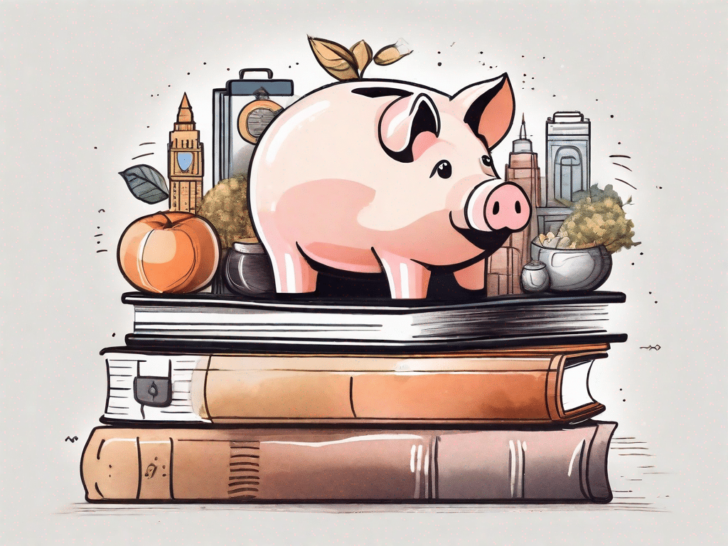 A piggy bank sitting on a stack of books