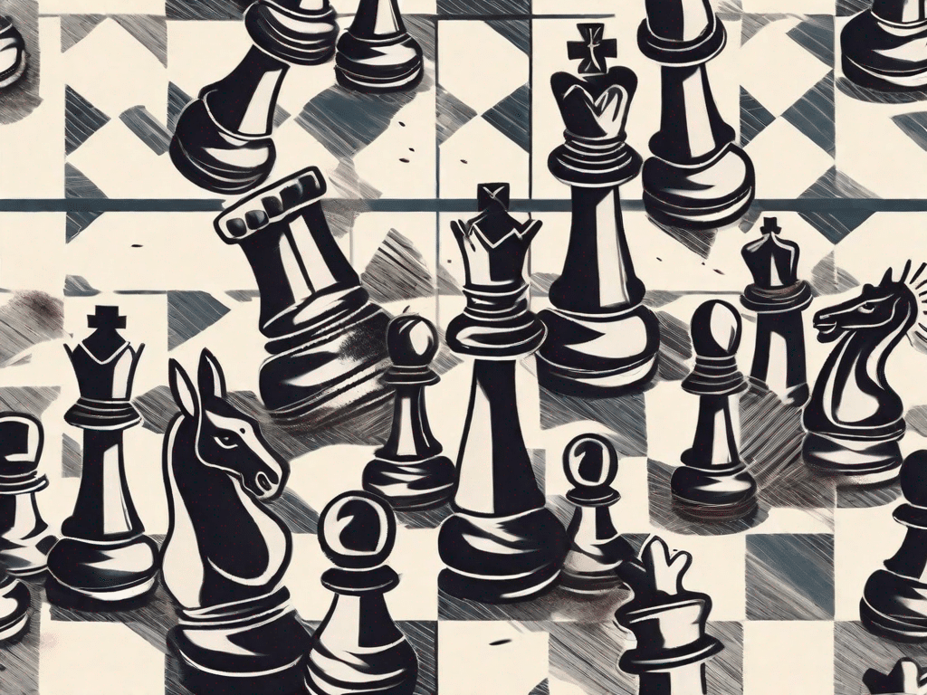 A chessboard with chess pieces engaged in a dynamic game