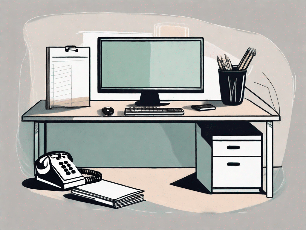 A desk with a telephone and a file folder