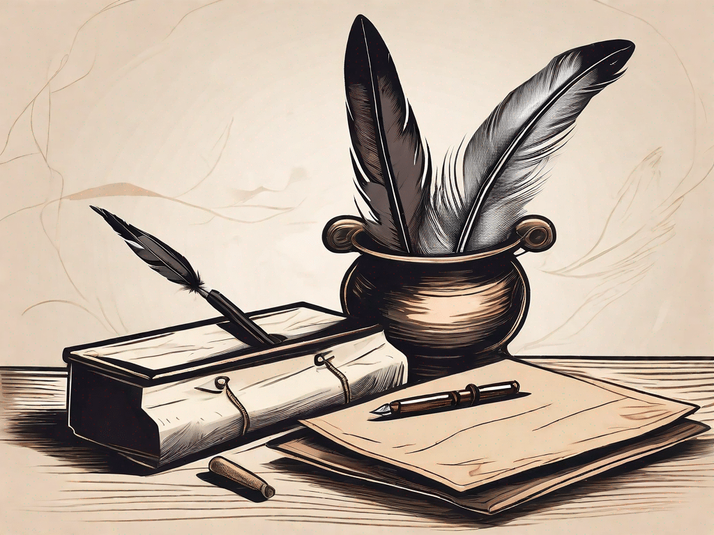A vintage desk with a feather quill