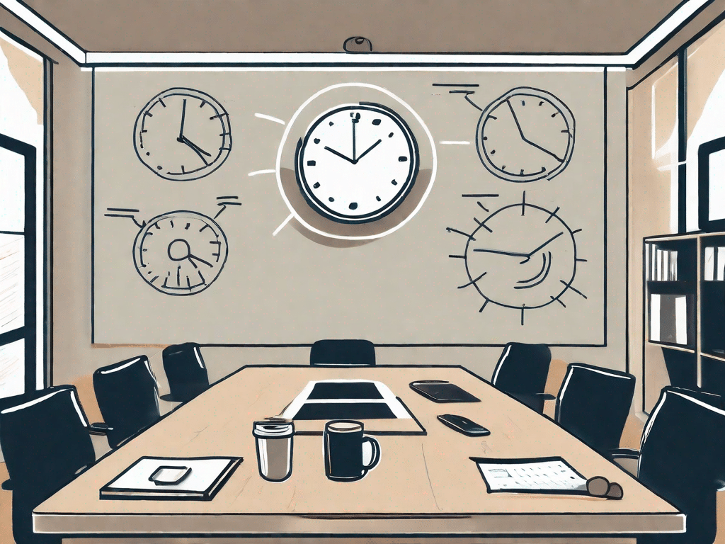 A conference table with ten distinct items representing different aspects of a meeting such as a clock