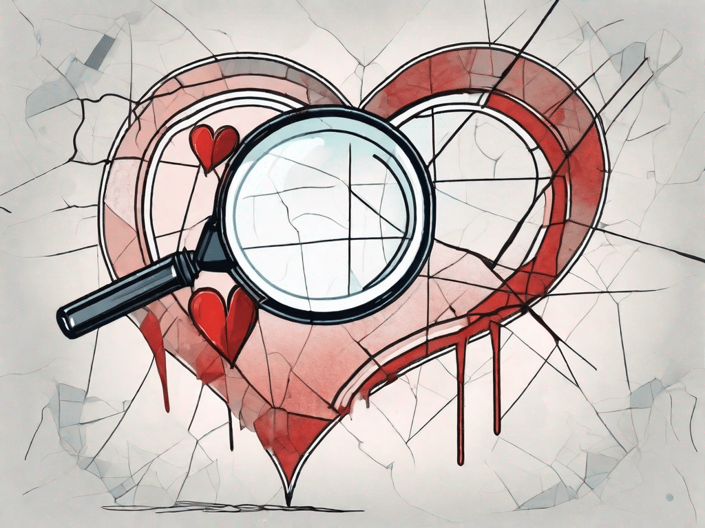 A magnifying glass hovering over a broken heart