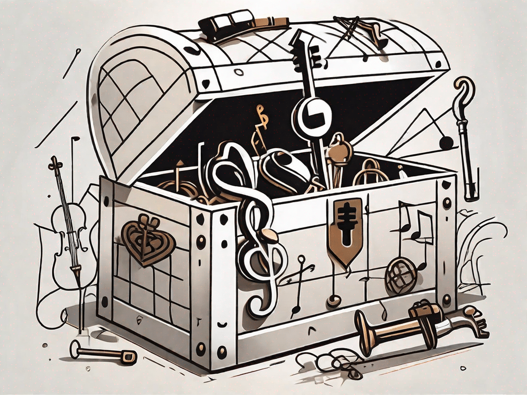 A key unlocking a treasure chest that is overflowing with various symbols of talents like musical notes
