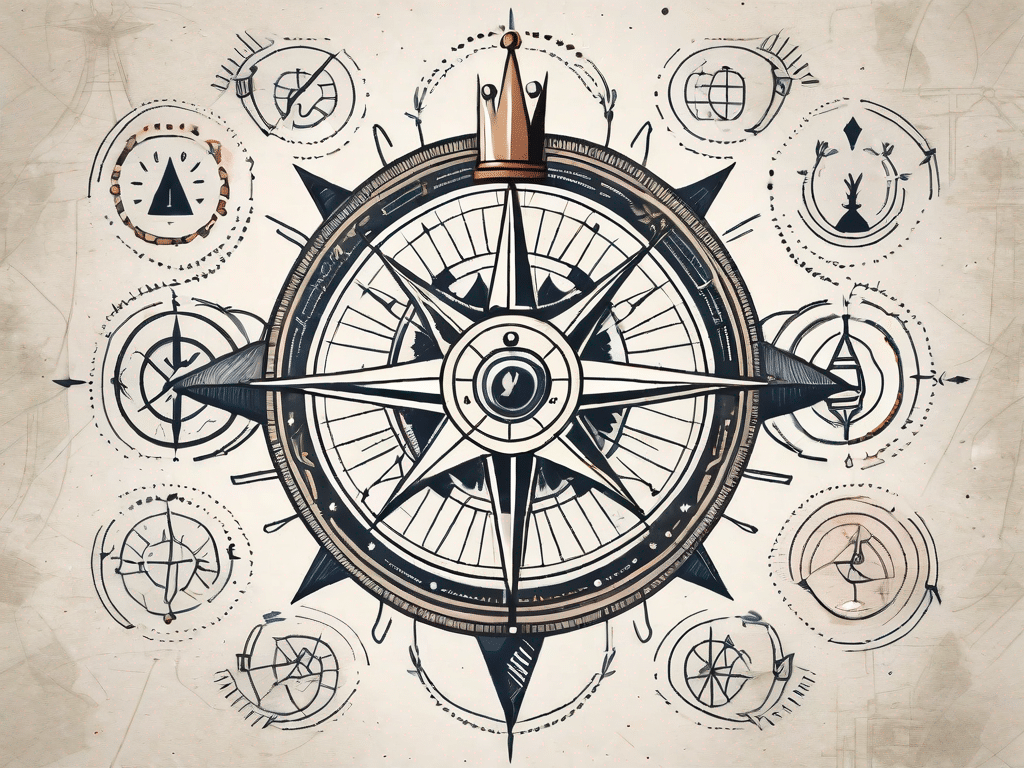 A compass surrounded by 13 different symbolic icons