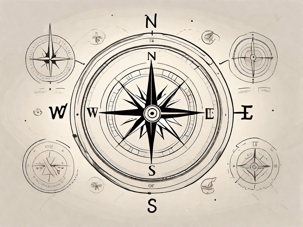 A compass surrounded by six different symbols representing health