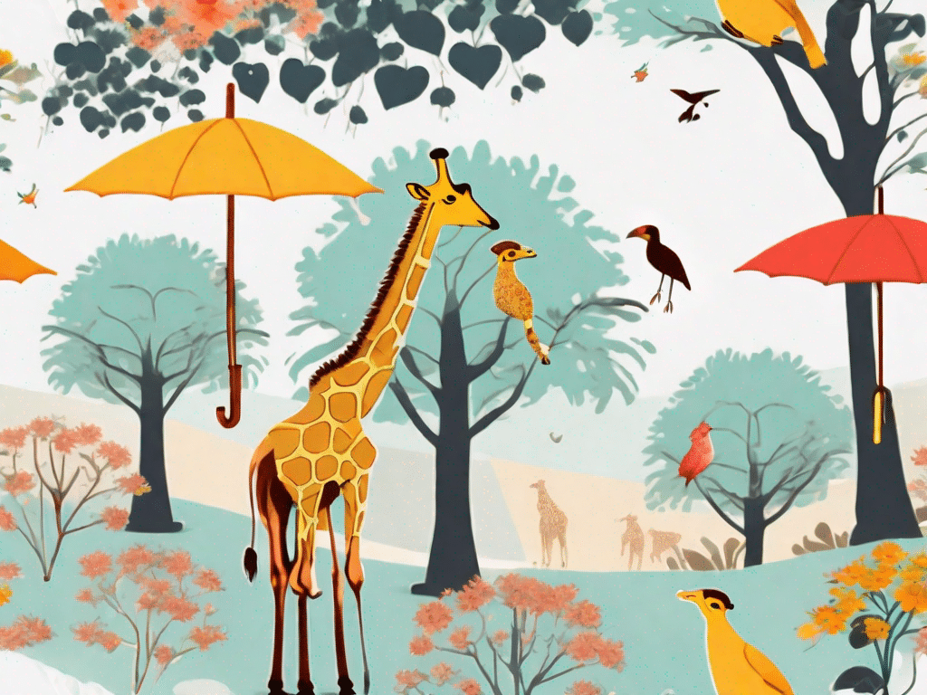 A colorful landscape filled with whimsical animals engaged in amusing antics