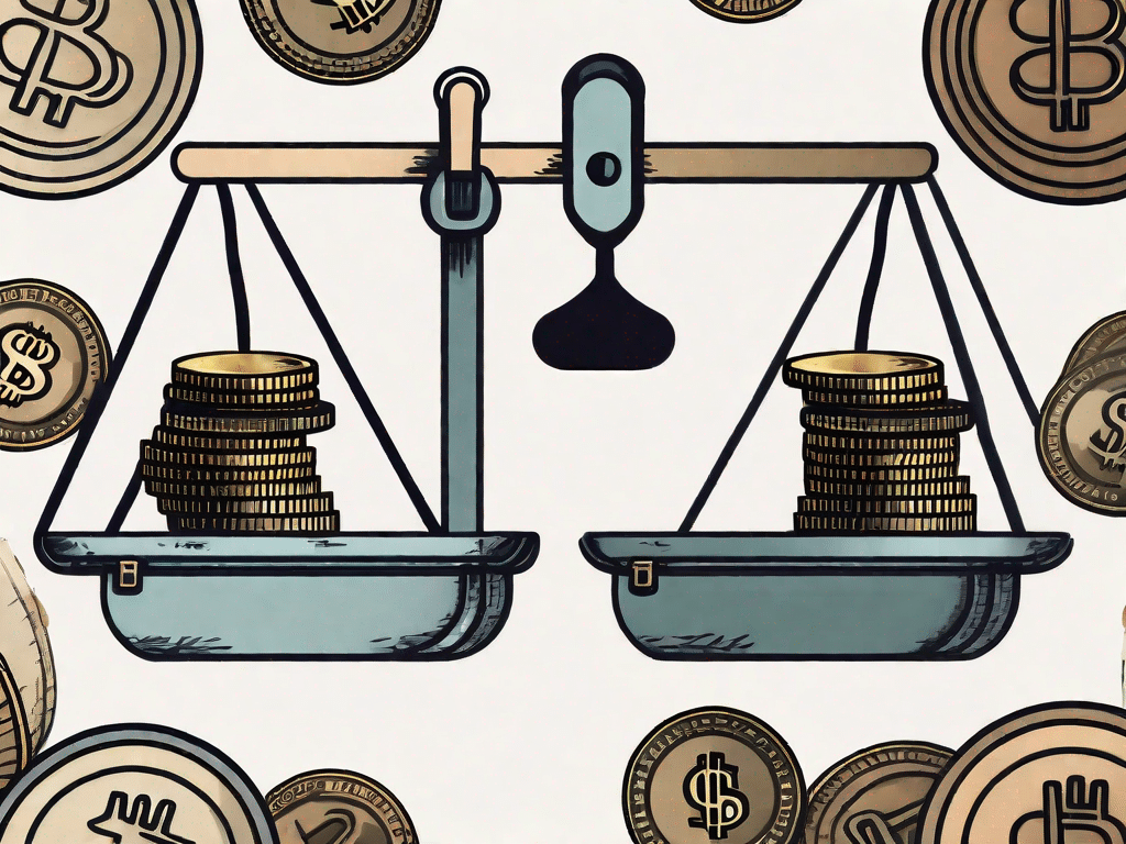 A balanced scale with a briefcase representing a career on one side and coins representing a second source of income on the other