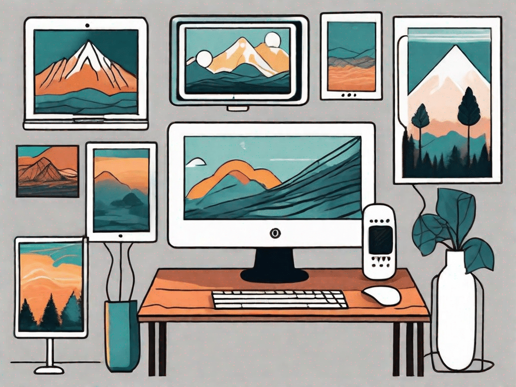 A variety of computer monitors displaying different types of desktop wallpapers such as nature scenes