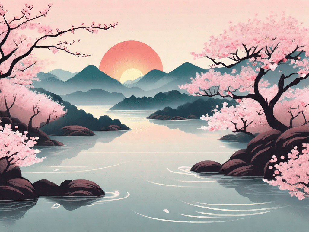 A serene landscape with a cherry blossom tree