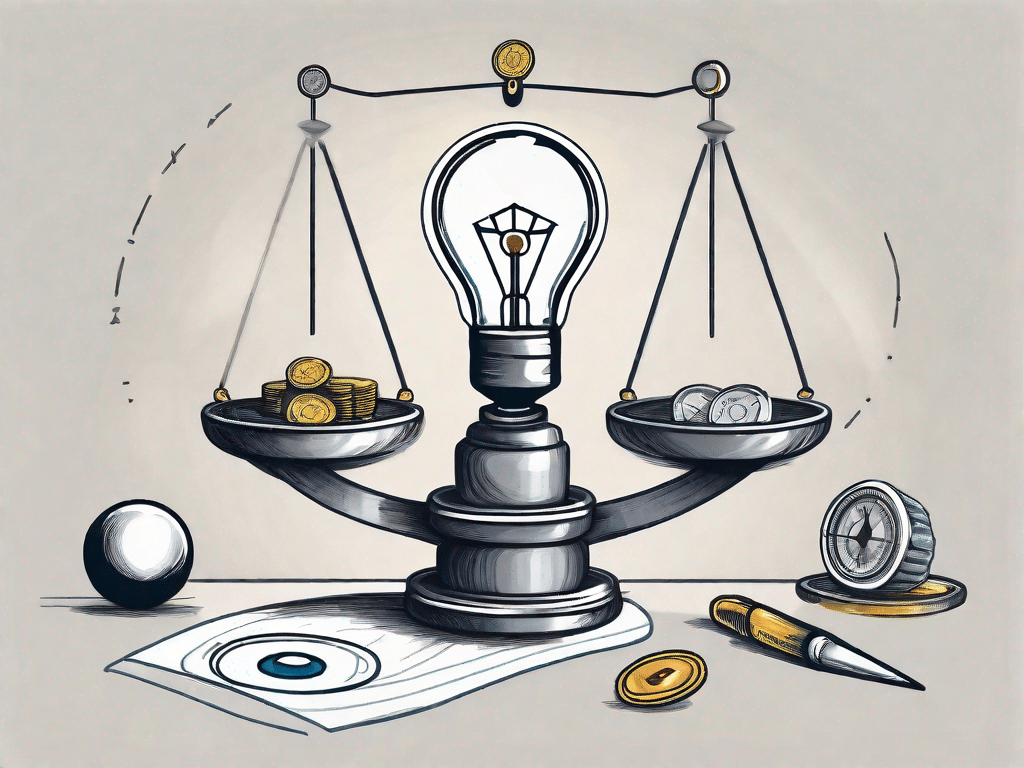 A balanced scale with various decision-making tools like a compass