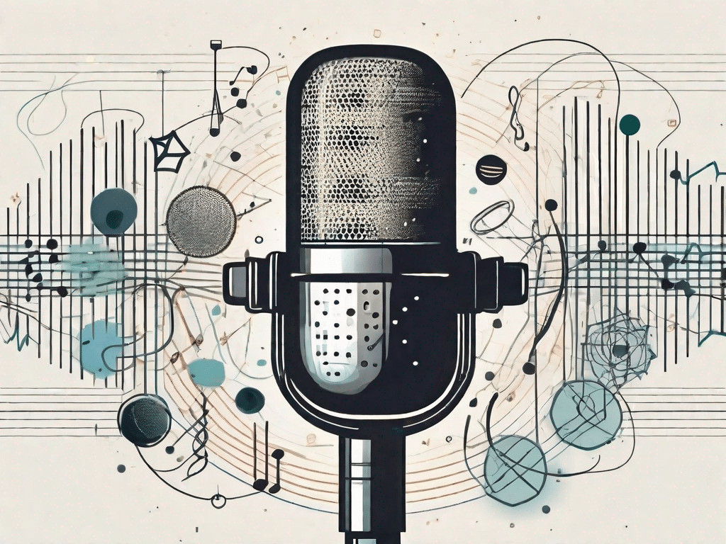 A microphone surrounded by symbols of sound waves and scientific elements like atoms and dna strands
