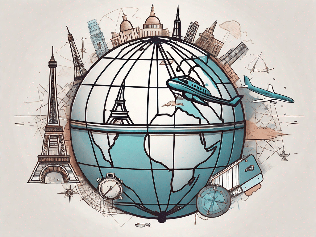 A globe surrounded by various travel elements such as an airplane