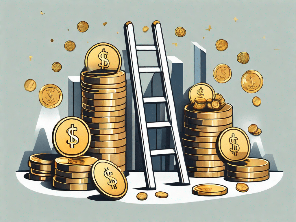 A ladder leaning against a towering pile of golden coins