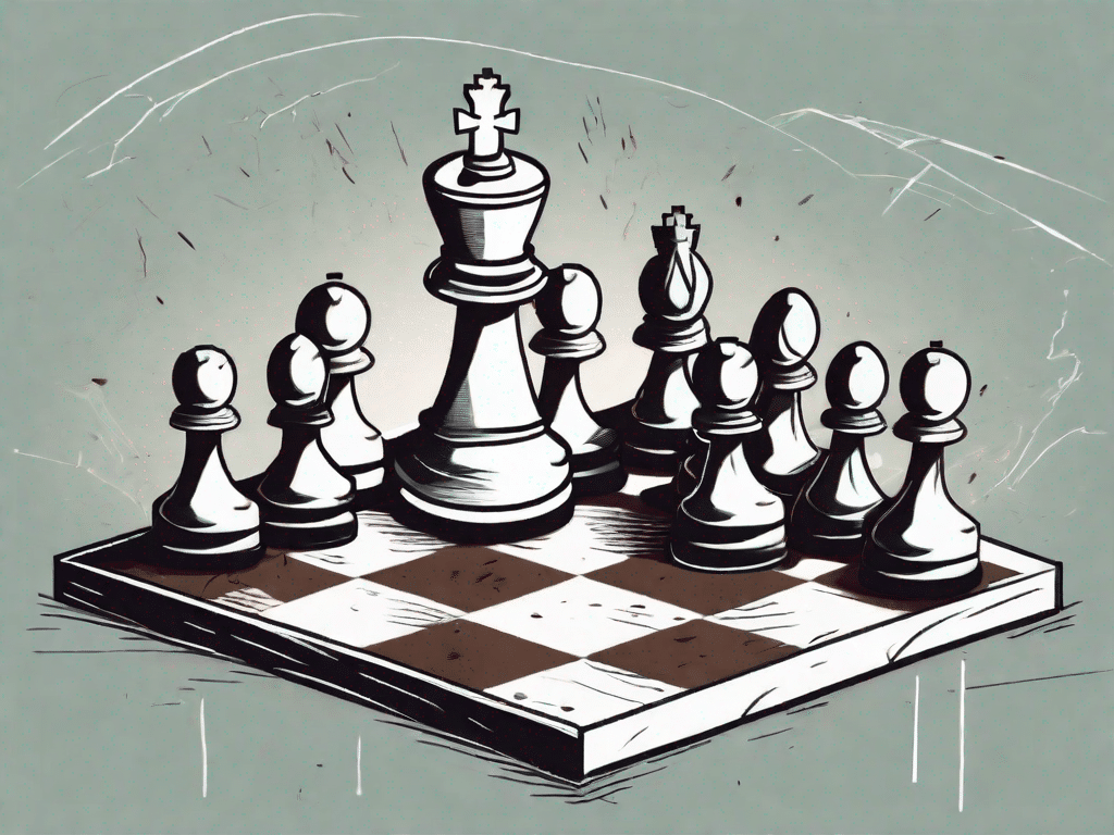 A chessboard with a toppled king piece surrounded by pawns