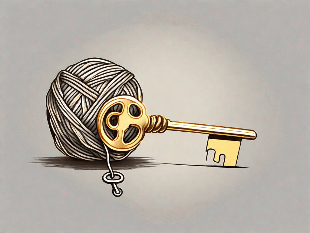 A golden key unravelling a tightly wound ball of yarn