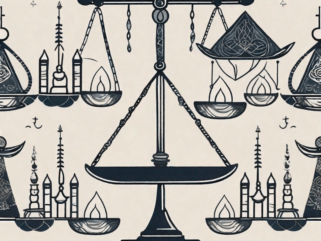 A balanced scale with different symbols of various religions and cultures on each side