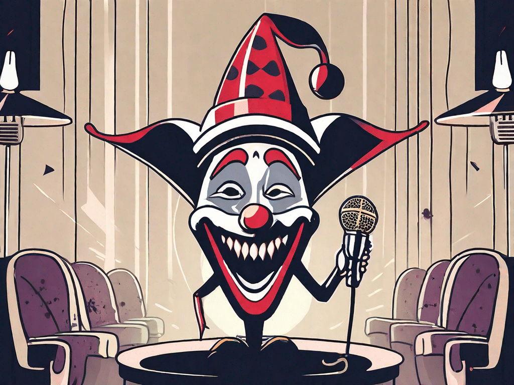 A spotlight illuminating a sinister-looking jester's hat and a microphone on a dimly lit comedy club stage