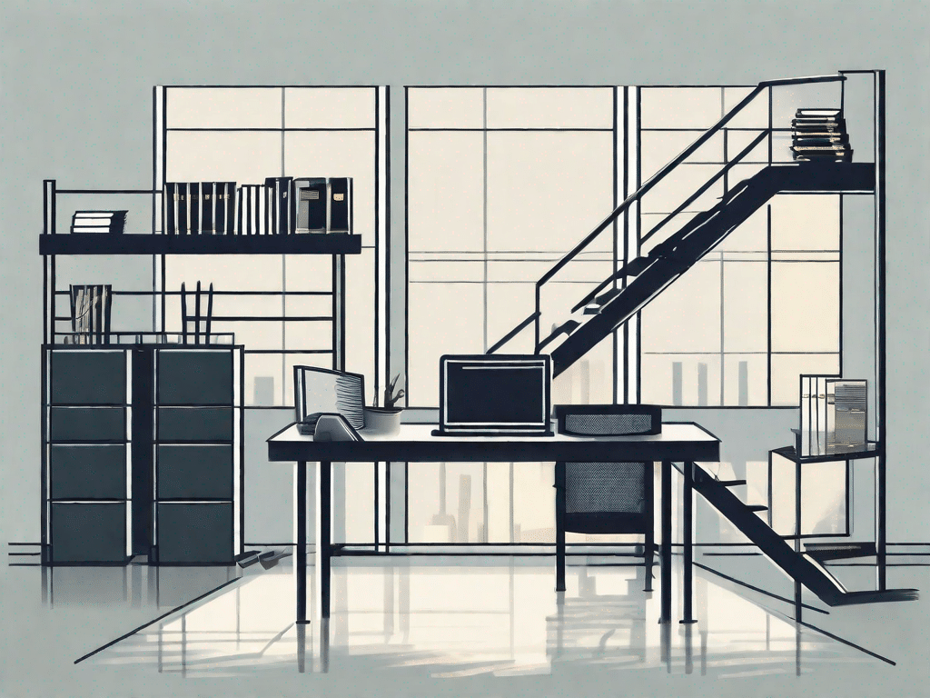 A corporate ladder with various office-related items (like a desk