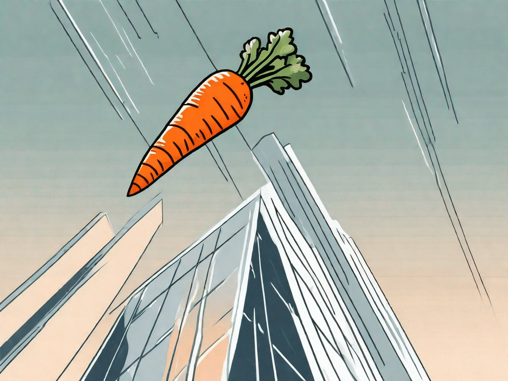 A carrot dangling from a stick against the backdrop of a corporate building