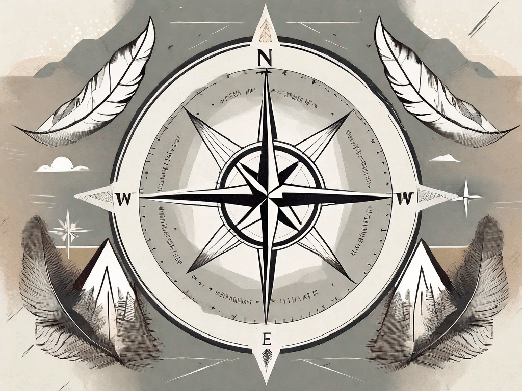 A compass rose with various symbolic elements such as a mountain