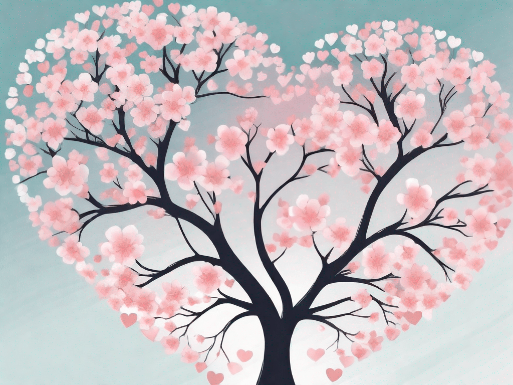 A blooming cherry blossom tree with heart-shaped flowers