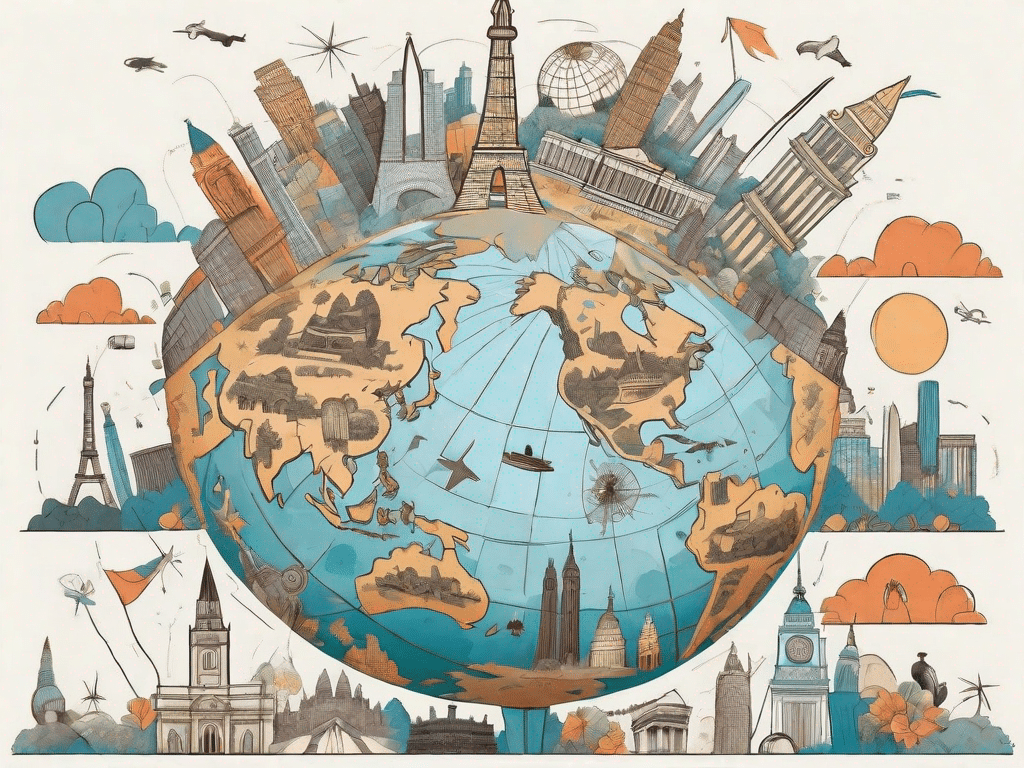 A globe surrounded by various whimsical and exaggerated representations of famous landmarks
