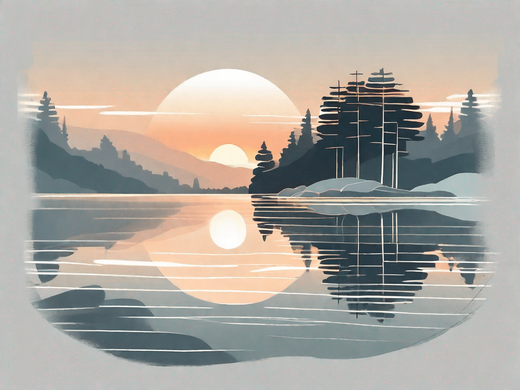 A serene landscape with a sunrise over a calm lake