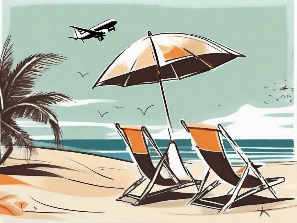 A sunny beach scene with a postcard in the sand