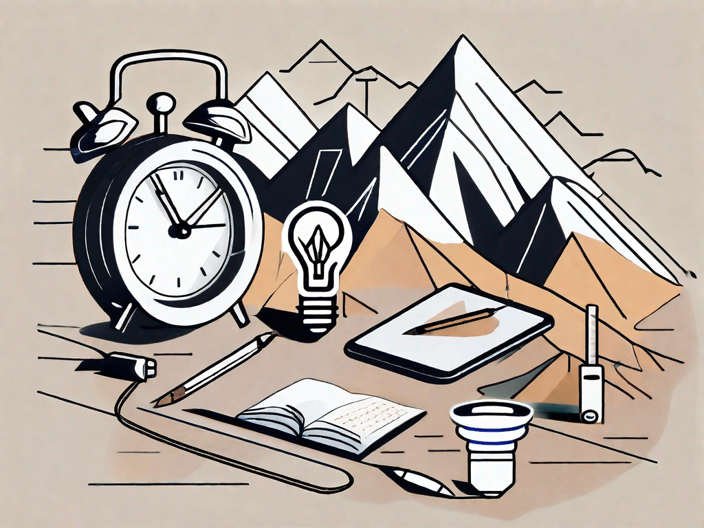 A mountain range (representing the alpen method) with various productivity tools like a clock